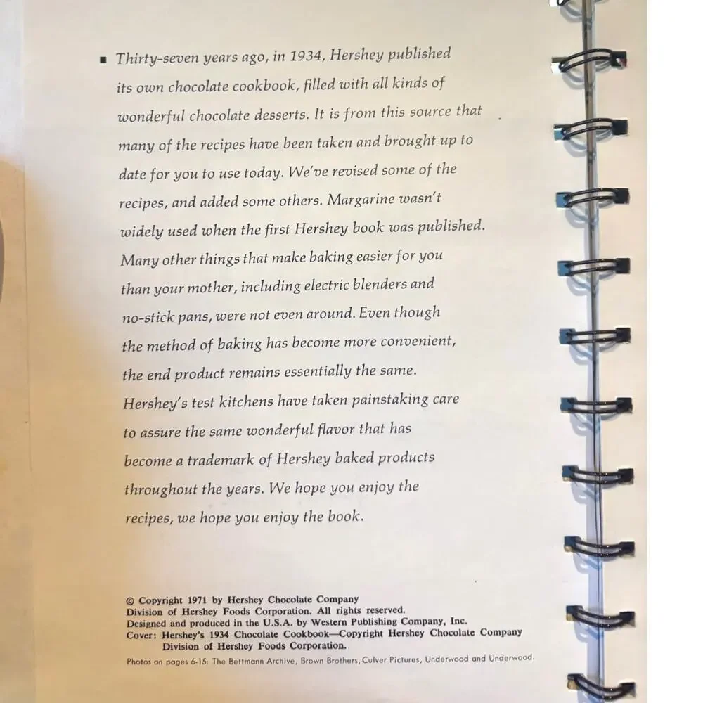 VTG 1971 Reproduction of Hershey's 1934 Cookbook, Hershey Foods, HC Spiral Bound